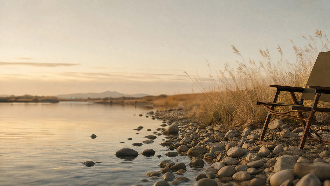 SummitSage chair on a serene pebbled lakeshore at sunset