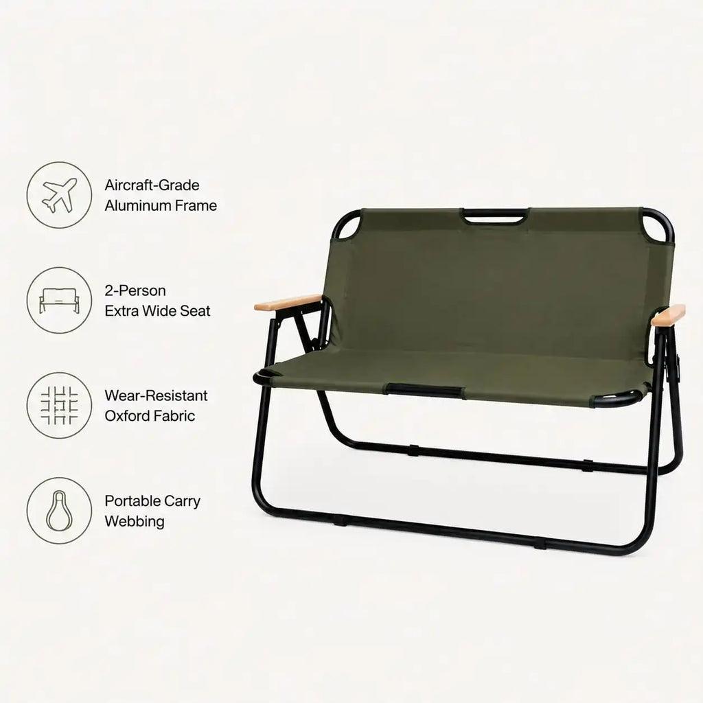 SummitSage Heritage Double Folding Camping Chair - 2 Person Portable Outdoor Bench | Quiet Outdoor Living | 7075 Aerospace Aluminum | Your Living Room in the Wild